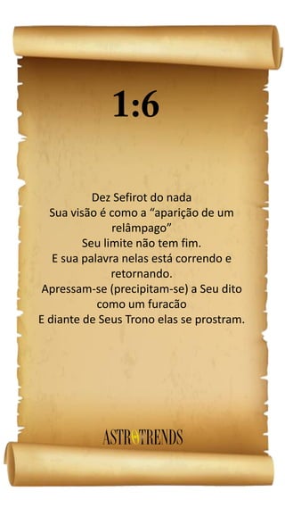 Dez Sefirot do nada
Sua visão é como a “aparição de um
relâmpago”
Seu limite não tem fim.
E sua palavra nelas está correndo e
retornando.
Apressam-se (precipitam-se) a Seu dito
como um furacão
E diante de Seus Trono elas se prostram.
 