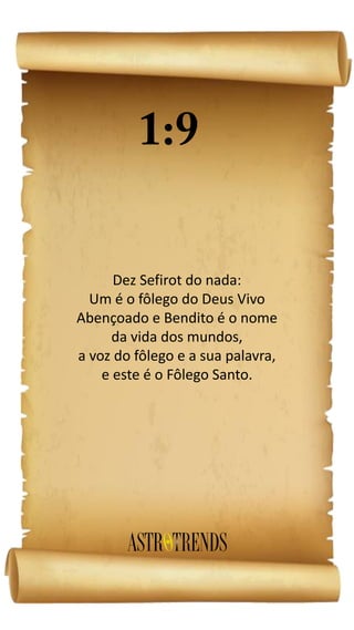 Dez Sefirot do nada:
Um é o fôlego do Deus Vivo
Abençoado e Bendito é o nome
da vida dos mundos,
a voz do fôlego e a sua palavra,
e este é o Fôlego Santo.
 