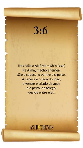Tres Mães: Alef Mem Shin ( )
Na Alma, macho e fêmea,
São a cabeça, o ventre e o peito.
A cabeça é criada do fogo,
o ventre é criado da água
e o peito, do fôlego,
decide entre eles.
 