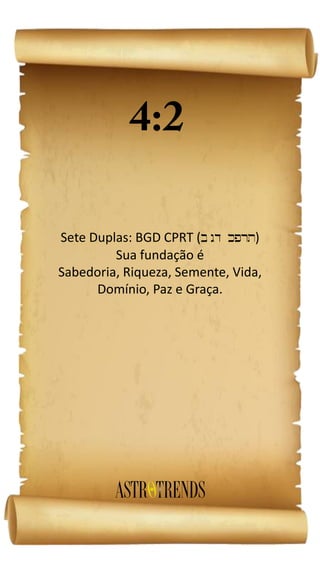 Sete Duplas: BGD CPRT ( )
Sua fundação é
Sabedoria, Riqueza, Semente, Vida,
Domínio, Paz e Graça.
 