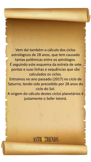 Vem daí também o cálculo dos ciclos
astrológicos de 28 anos, que tem causado
tantas polêmicas entre os astrólogos.
É seguindo este esquema da estrela de sete
pontas e suas linhas e sequências que são
calculados os ciclos.
Entramos no ano passado (2017) no ciclo de
Saturno, tendo sido precedido por 28 anos do
ciclo do Sol.
A origem do cálculo destes ciclos planetários é
justamente o Sefer Ietsirá.
 