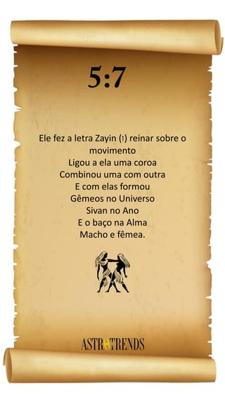 Ele fez a letra Zayin ( ) reinar sobre o
movimento
Ligou a ela uma coroa
Combinou uma com outra
E com elas formou
Gêmeos no Universo
Sivan no Ano
E o baço na Alma
Macho e fêmea.
c
 