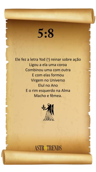 Ele fez a letra Yod ( ) reinar sobre ação
Ligou a ela uma coroa
Combinou uma com outra
E com elas formou
Virgem no Universo
Elul no Ano
E o rim esquerdo na Alma
Macho e fêmea.
f
 