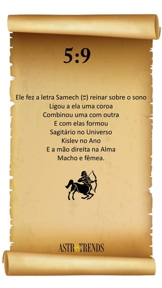 Ele fez a letra Samech ( ) reinar sobre o sono
Ligou a ela uma coroa
Combinou uma com outra
E com elas formou
Sagitário no Universo
Kislev no Ano
E a mão direita na Alma
Macho e fêmea.
i
 