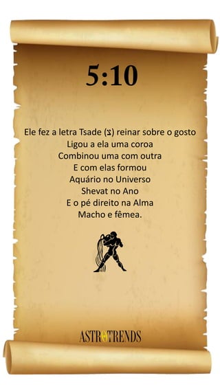 Ele fez a letra Tsade ( ) reinar sobre o gosto
Ligou a ela uma coroa
Combinou uma com outra
E com elas formou
Aquário no Universo
Shevat no Ano
E o pé direito na Alma
Macho e fêmea.
k
 