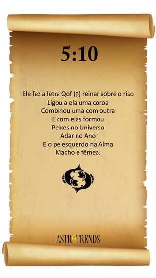 Ele fez a letra Qof ( ) reinar sobre o riso
Ligou a ela uma coroa
Combinou uma com outra
E com elas formou
Peixes no Universo
Adar no Ano
E o pé esquerdo na Alma
Macho e fêmea.
l
 
