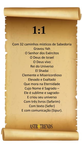 Com 32 caminhos místicos de Sabedoria
Gravou Yah
O Senhor dos Exércitos
O Deus de Israel
O Deus vivo
Rei do Universo
El Shadai
Clemente e Misericordioso
Elevado e Exaltado
Que mora na Eternidade
Cujo Nome é Sagrado –
Ele é sublime e sagrado-
E criou seu universo
Com três livros (Sefarim)
Com texto (Sefer)
E com comunicação (Sipur).
 
