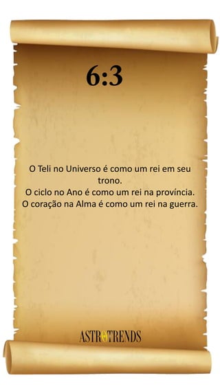 O Teli no Universo é como um rei em seu
trono.
O ciclo no Ano é como um rei na província.
O coração na Alma é como um rei na guerra.
 