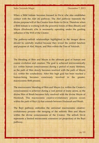 Sefer Yetzirah Magic

December 7, 2013

When a ShM Initiate becomes focused in Da’at s/he also establishes
contact with the Alef (‫ )א‬pathway. The Alef pathway transmits the
divine purpose/will of the Creator from Keter to Da’at. Therefore when
a ShM Initiate is working with the powerful forces of Shin (Binah) and
Maym (Hockmah) s/he is necessarily operating under the guiding
influence of the Will of the Creator.
The pathway-sefirah relationships highlighted in the images above
should be carefully studied because they reveal the central function
and purpose of Alef, Maym, and Shin within the Tree of Yetzirah.

The blending of Shin and Maym is the ultimate goal of human and
cosmic evolution and creation. The goal is achieved microcosmically
(i.e. within human consciousness) during a period of many lifetimes,
as the path of Shin slowly becomes resolved with the path of Maym
(i.e. within the octahedron). After this high goal has been reached a
human-being

becomes

consciously

involved

in

the

greater,

macrocosmic ShM process.
The macrocosmic blending of Shin and Maym (i.e. within the Creator’s
consciousness) is achieved during a vast period of many aeons, as the
divine Shin of Binah becomes fully resolved with the divine Maym of
Hockmah. This macrocosmic creative-evolutionary process occurs
within the path of Bayt (‫ )ב‬that extends between Hockmah and Binah.
The Bayt pathway embodies the universal macrocosmic creativeevolutionary process—the merging of the sefirotic Shin and Maym
within the divine consciousness of the Creator. The sefirah Da’at
represents a limited microcosmic extension (or projection) of the Bayt
pathway.

pg. 122

 