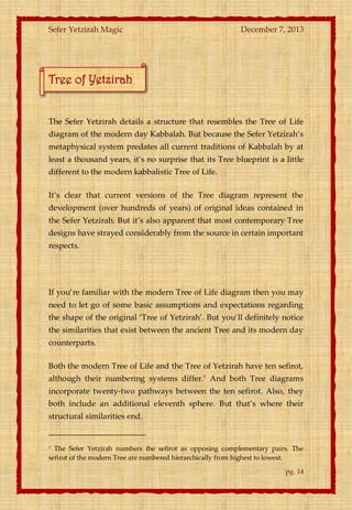 Sefer Yetzirah Magic

December 7, 2013

Tree of Yetzirah

The Sefer Yetzirah details a structure that resembles the Tree of Life
diagram of the modern day Kabbalah. But because the Sefer Yetzirah’s
metaphysical system predates all current traditions of Kabbalah by at
least a thousand years, it’s no surprise that its Tree blueprint is a little
different to the modern kabbalistic Tree of Life.
It’s clear that current versions of the Tree diagram represent the
development (over hundreds of years) of original ideas contained in
the Sefer Yetzirah. But it’s also apparent that most contemporary Tree
designs have strayed considerably from the source in certain important
respects.

If you’re familiar with the modern Tree of Life diagram then you may
need to let go of some basic assumptions and expectations regarding
the shape of the original ‘Tree of Yetzirah’. But you’ll definitely notice
the similarities that exist between the ancient Tree and its modern day
counterparts.
Both the modern Tree of Life and the Tree of Yetzirah have ten sefirot,
although their numbering systems differ.7 And both Tree diagrams
incorporate twenty-two pathways between the ten sefirot. Also, they
both include an additional eleventh sphere. But that’s where their
structural similarities end.

The Sefer Yetzirah numbers the sefirot as opposing complementary pairs. The
sefirot of the modern Tree are numbered hierarchically from highest to lowest.
7

pg. 14

 