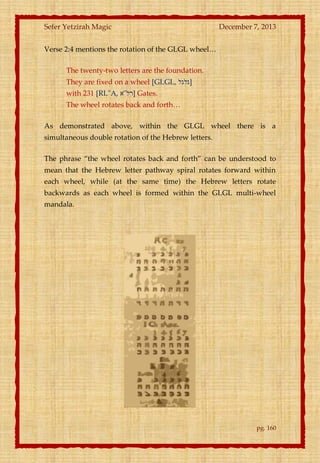Sefer Yetzirah Magic

December 7, 2013

Verse 2:4 mentions the rotation of the GLGL wheel<
The twenty-two letters are the foundation.
They are fixed on a wheel [GLGL, ‫]גלגל‬
with 231 [RL"A, ‫ ]רל"א‬Gates.
The wheel rotates back and forth<
As demonstrated above, within the GLGL wheel there is a
simultaneous double rotation of the Hebrew letters.
The phrase ‚the wheel rotates back and forth‛ can be understood to
mean that the Hebrew letter pathway spiral rotates forward within
each wheel, while (at the same time) the Hebrew letters rotate
backwards as each wheel is formed within the GLGL multi-wheel
mandala.

pg. 160

 