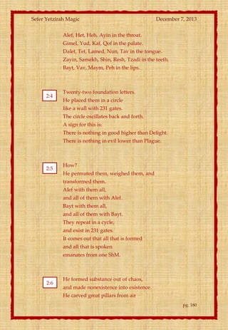 Sefer Yetzirah Magic

December 7, 2013

Alef, Het, Heh, Ayin in the throat.
Gimel, Yud, Kaf, Qof in the palate.
Dalet, Tet, Lamed, Nun, Tav in the tongue.
Zayin, Samekh, Shin, Resh, Tzadi in the teeth.
Bayt, Vav, Maym, Peh in the lips.

2:4

Twenty-two foundation letters.
He placed them in a circle
like a wall with 231 gates.
The circle oscillates back and forth.
A sign for this is:
There is nothing in good higher than Delight.
There is nothing in evil lower than Plague.

2:5

How?
He permuted them, weighed them, and
transformed them.
Alef with them all,
and all of them with Alef.
Bayt with them all,
and all of them with Bayt.
They repeat in a cycle,
and exist in 231 gates.
It comes out that all that is formed
and all that is spoken
emanates from one ShM.

2:6

He formed substance out of chaos,
and made nonexistence into existence.
He carved great pillars from air
pg. 180

 