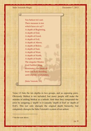 Sefer Yetzirah Magic

December 7, 2013

Ten Sefirot beli mah:
Their measure is ten
which have ain sof.20
A depth of Beginning,
A depth of End,
A depth of Good,
A depth of Evil,
A depth of Above,
A depth of Below,
A depth of East,
A depth of West,
A depth of North,
A depth of South.
The singular Master,
God Faithful King,
dominates over them all
from His holy dwelling
until eternity of eternities.
[Sefer Yetzirah, 1:5]

Verse 1:5 lists the ten depths in two groups, and as opposing pairs.
Obviously Malkut is not included, but many people still make the
mistake of adding Malkut as a sefirah. And then they compound the
error by assigning a ‘depth’ to it (usually ‘depth of End’ or ‘depth of
Evil’). This not only disrupts the original depth hierarchy, but
completely disrupts the Sefer Yetzirah’s system of ten sefirot.

20

See the note above.
pg. 30

 
