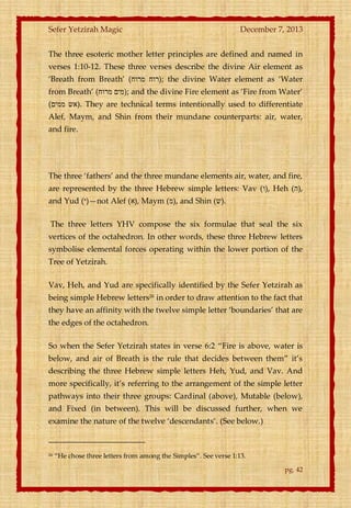Sefer Yetzirah Magic

December 7, 2013

The three esoteric mother letter principles are defined and named in
verses 1:10-12. These three verses describe the divine Air element as
‘Breath from Breath’ (‫ ;)רוח מרוח‬the divine Water element as ‘Water
from Breath’ (‫ ;)מים מרוח‬and the divine Fire element as ‘Fire from Water’
(‫ .)אש ממים‬They are technical terms intentionally used to differentiate
Alef, Maym, and Shin from their mundane counterparts: air, water,
and fire.

The three ‘fathers’ and the three mundane elements air, water, and fire,
are represented by the three Hebrew simple letters: Vav (‫ ,)ו‬Heh (‫,)ה‬
and Yud (‫—)י‬not Alef (‫ ,)א‬Maym (‫ ,)מ‬and Shin (‫.)ש‬
The three letters YHV compose the six formulae that seal the six
vertices of the octahedron. In other words, these three Hebrew letters
symbolise elemental forces operating within the lower portion of the
Tree of Yetzirah.
Vav, Heh, and Yud are specifically identified by the Sefer Yetzirah as
being simple Hebrew letters26 in order to draw attention to the fact that
they have an affinity with the twelve simple letter ‘boundaries’ that are
the edges of the octahedron.
So when the Sefer Yetzirah states in verse 6:2 ‚Fire is above, water is
below, and air of Breath is the rule that decides between them‛ it’s
describing the three Hebrew simple letters Heh, Yud, and Vav. And
more specifically, it’s referring to the arrangement of the simple letter
pathways into their three groups: Cardinal (above), Mutable (below),
and Fixed (in between). This will be discussed further, when we
examine the nature of the twelve ‘descendants’. (See below.)

26

‚He chose three letters from among the Simples‛. See verse 1:13.
pg. 42

 