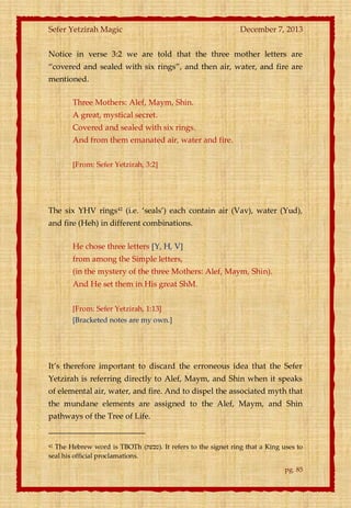 Sefer Yetzirah Magic

December 7, 2013

Notice in verse 3:2 we are told that the three mother letters are
‚covered and sealed with six rings‛, and then air, water, and fire are
mentioned.
Three Mothers: Alef, Maym, Shin.
A great, mystical secret.
Covered and sealed with six rings.
And from them emanated air, water and fire.
[From: Sefer Yetzirah, 3:2]

The six YHV rings42 (i.e. ‘seals’) each contain air (Vav), water (Yud),
and fire (Heh) in different combinations.
He chose three letters [Y, H, V]
from among the Simple letters,
(in the mystery of the three Mothers: Alef, Maym, Shin).
And He set them in His great ShM.
[From: Sefer Yetzirah, 1:13]
[Bracketed notes are my own.]

It’s therefore important to discard the erroneous idea that the Sefer
Yetzirah is referring directly to Alef, Maym, and Shin when it speaks
of elemental air, water, and fire. And to dispel the associated myth that
the mundane elements are assigned to the Alef, Maym, and Shin
pathways of the Tree of Life.

The Hebrew word is TBOTh (‫ .)טבעת‬It refers to the signet ring that a King uses to
seal his official proclamations.
42

pg. 85

 