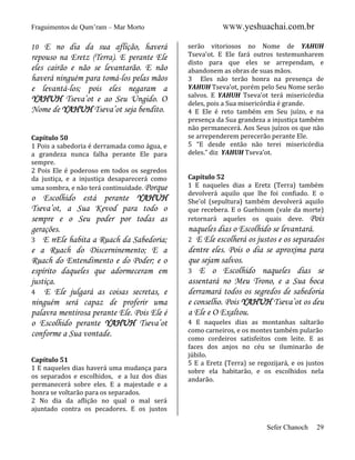 Fraguimentos de Qum’ram – Mar Morto

E no dia da sua aflição, haverá
repouso na Eretz (Terra). E perante Ele
eles cairão e não se levantarão. E não
haverá ninguém para tomá-los pelas mãos
e levantá-los; pois eles negaram a
YAHUH Tseva’ot e ao Seu Ungido. O
Nome de YAHUH Tseva’ot seja bendito.
10

Capítulo 50
1 Pois a sabedoria é derramada como água, e
a grandeza nunca falha perante Ele para
sempre.
2 Pois Ele é poderoso em todos os segredos
da justiça, e a injustiça desaparecerá como
uma sombra, e não terá continuidade. Porque

o Escolhido está perante YAHUH
Tseva’ot, a Sua Kevod para todo o
sempre e o Seu poder por todas as
gerações.
3 E nEle habita a Ruach da Sabedoria;
e a Ruach do Discerninemento; E a
Ruach do Entendimento e do Poder; e o
espírito daqueles que adormeceram em
justiça.
4 E Ele julgará as coisas secretas, e
ninguém será capaz de proferir uma
palavra mentirosa perante Ele. Pois Ele é
o Escolhido perante YAHUH Tseva’ot
conforme a Sua vontade.
Capítulo 51
1 E naqueles dias haverá uma mudança para
os separados e escolhidos, e a luz dos dias
permanecerá sobre eles. E a majestade e a
honra se voltarão para os separados.
2 No dia da aflição no qual o mal será
ajuntado contra os pecadores. E os justos

WWW.yeshuachai.com.br
serão vitoriosos no Nome de YAHUH
Tseva’ot. E Ele fará outros testemunharem
disto para que eles se arrependam, e
abandonem as obras de suas mãos.
3 Eles não terão honra na presença de
YAHUH Tseva’ot, porém pelo Seu Nome serão
salvos. E YAHUH Tseva’ot terá misericórdia
deles, pois a Sua misericórdia é grande.
4 E Ele é reto também em Seu juízo, e na
presença da Sua grandeza a injustiça também
não permanecerá. Aos Seus juízos os que não
se arrependerem perecerão perante Ele.
5 “E desde então não terei misericórdia
deles.” diz YAHUH Tseva’ot.

Capítulo 52
1 E naqueles dias a Eretz (Terra) também
devolverá aquilo que lhe foi confiado. E o
She’ol (sepultura) também devolverá aquilo
que recebera. E o Guehinom (vale da morte)
retornará aqueles os quais deve. Pois

naqueles dias o Escolhido se levantará.
2 E Ele escolherá os justos e os separados
dentre eles. Pois o dia se aproxima para
que sejam salvos.
3 E o Escolhido naqueles dias se
assentará no Meu Trono, e a Sua boca
derramará todos os segredos de sabedoria
e conselho. Pois YAHUH Tseva’ot os deu
a Ele e O Exaltou.
4 E naqueles dias as montanhas saltarão
como carneiros, e os montes também pularão
como cordeiros satisfeitos com leite. E as
faces dos anjos no céu se iluminarão de
júbilo.
5 E a Eretz (Terra) se regozijará, e os justos
sobre ela habitarão, e os escolhidos nela
andarão.

Sefer Chanoch

29

 