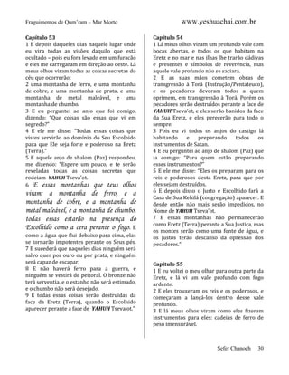 Fraguimentos de Qum’ram – Mar Morto
Capítulo 53
1 E depois daqueles dias naquele lugar onde
eu vira todas as visões daquilo que está
ocultado – pois eu fora levado em um furacão
e eles me carregaram em direção ao oeste. Lá
meus olhos viram todas as coisas secretas do
céu que ocorrerão:
2 uma montanha de ferro, e uma montanha
de cobre, e uma montanha de prata, e uma
montanha de metal maleável, e uma
montanha de chumbo.
3 E eu perguntei ao anjo que foi comigo,
dizendo: “Que coisas são essas que vi em
segredo?”
4 E ele me disse: “Todas essas coisas que
vistes servirão ao domínio do Seu Escolhido
para que Ele seja forte e poderoso na Eretz
(Terra).”
5 E aquele anjo de shalom (Paz) respondeu,
me dizendo: “Espere um pouco, e te serão
reveladas todas as coisas secretas que
rodeiam YAHUH Tseva’ot.
6 E essas montanhas que teus olhos

viram: a montanha de ferro, e a
montanha de cobre, e a montanha de
metal maleável, e a montanha de chumbo,
todas essas estarão na presença do
Escolhido como a cera perante o fogo. E
como a água que flui debaixo para cima, elas
se tornarão impotentes perante os Seus pés.
7 E sucederá que naqueles dias ninguém será
salvo quer por ouro ou por prata, e ninguém
será capaz de escapar.
8 E não haverá ferro para a guerra, e
ninguém se vestirá de peitoral. O bronze não
terá serventia, e o estanho não será estimado,
e o chumbo não será desejado.
9 E todas essas coisas serão destruídas da
face da Eretz (Terra), quando o Escolhido
aparecer perante a face de YAHUH Tseva’ot.”

WWW.yeshuachai.com.br
Capítulo 54
1 Lá meus olhos viram um profundo vale com
bocas abertas, e todos os que habitam na
Eretz e no mar e nas ilhas lhe trarão dádivas
e presentes e símbolos de reverência, mas
aquele vale profundo não se saciará.
2 E as suas mãos cometem obras de
transgressão à Torá (Instrução/Pentateuco),
e os pecadores devoram todos a quem
oprimem, em transgressão à Torá. Porém os
pecadores serão destruídos perante a face de
YAHUH Tseva’ot, e eles serão banidos da face
da Sua Eretz, e eles perecerão para todo o
sempre.
3 Pois eu vi todos os anjos do castigo lá
habitando
e
preparando
todos
os
instrumentos de Satan.
4 E eu perguntei ao anjo de shalom (Paz) que
ia comigo: “Para quem estão preparando
esses instrumentos?”
5 E ele me disse: “Eles os preparam para os
reis e poderosos desta Eretz, para que por
eles sejam destruídos.
6 E depois disso o Justo e Escolhido fará a
Casa de Sua Kehilá (congregação) aparecer. E
desde então não mais serão impedidos, no
Nome de YAHUH Tseva’ot.
7 E essas montanhas não permanecerão
como Eretz (Terra) perante a Sua Justiça, mas
os montes serão como uma fonte de água, e
os justos terão descanso da opressão dos
pecadores.”

Capítulo 55
1 E eu voltei o meu olhar para outra parte da
Eretz, e lá vi um vale profundo com fogo
ardente.
2 E eles trouxeram os reis e os poderosos, e
começaram a lançá-los dentro desse vale
profundo.
3 E lá meus olhos viram como eles fizeram
instrumentos para eles: cadeias de ferro de
peso imensurável.

Sefer Chanoch

30

 