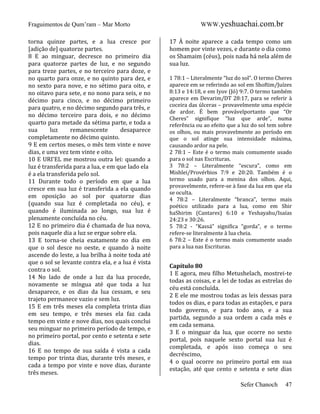 Fraguimentos de Qum’ram – Mar Morto
torna quinze partes, e a lua cresce por
[adição de] quatorze partes.
8 E ao minguar, decresce no primeiro dia
para quatorze partes de luz, e no segundo
para treze partes, e no terceiro para doze, e
no quarto para onze, e no quinto para dez, e
no sexto para nove, e no sétimo para oito, e
no oitavo para sete, e no nono para seis, e no
décimo para cinco, e no décimo primeiro
para quatro, e no décimo segundo para três, e
no décimo terceiro para dois, e no décimo
quarto para metade da sétima parte, e toda a
sua
luz
remanescente
desaparece
completamente no décimo quinto.
9 E em certos meses, o mês tem vinte e nove
dias, e uma vez tem vinte e oito.
10 E URI'EL me mostrou outra lei: quando a
luz é transferida para a lua, e em que lado ela
é a ela transferida pelo sol.
11 Durante todo o período em que a lua
cresce em sua luz é transferida a ela quando
em oposição ao sol por quatorze dias
(quando sua luz é completada no céu), e
quando é iluminada ao longo, sua luz é
plenamente concluída no céu.
12 E no primeiro dia é chamada de lua nova,
pois naquele dia a luz se ergue sobre ela.
13 E torna-se cheia exatamente no dia em
que o sol desce no oeste, e quando à noite
ascende do leste, a lua brilha à noite toda até
que o sol se levante contra ela, e a lua é vista
contra o sol.
14 No lado de onde a luz da lua procede,
novamente se míngua até que toda a luz
desaparece, e os dias da lua cessam, e seu
trajeto permanece vazio e sem luz.
15 E em três meses ela completa trinta dias
em seu tempo, e três meses ela faz cada
tempo em vinte e nove dias, nos quais conclui
seu minguar no primeiro período de tempo, e
no primeiro portal, por cento e setenta e sete
dias.
16 E no tempo de sua saída é vista a cada
tempo por trinta dias, durante três meses, e
cada a tempo por vinte e nove dias, durante
três meses.

WWW.yeshuachai.com.br
17 À noite aparece a cada tempo como um
homem por vinte vezes, e durante o dia como
os Shamaim (céus), pois nada há nela além de
sua luz.
1 78:1 – Literalmente “luz do sol”. O termo Cheres
aparece em se referindo ao sol em Shoftim/Juízes
8:13 e 14:18, e em Iyov (Jó) 9:7. O termo também
aparece em Devarim/DT 28:17, para se referir à
coceira das úlceras – provavelmente uma espécie
de ardor. É bem provávelportanto que “Or
Cheres” signifique “luz que arde”, numa
referência ou ao efeito que a luz do sol tem sobre
os olhos, ou mais provavelmente ao período em
que o sol atinge sua intensidade máxima,
causando ardor na pele.
2 78:1 – Este é o termo mais comumente usado
para o sol nas Escrituras.
3 78:2 – Literalmente “escura”, como em
Mishlei/Provérbios 7:9 e 20:20. Também é o
termo usado para a menina dos olhos. Aqui,
provavelmente, refere-se à fase da lua em que ela
se oculta.
4 78:2 – Literalmente “branca”, termo mais
poético utilizado para a lua, como em Shir
haShirim (Cantares) 6:10 e Yeshayahu/Isaías
24:23 e 30:26.
5 78:2 - “Kassá” significa “gorda”, e o termo
refere-se literalmente à lua cheia.
6 78:2 – Este é o termo mais comumente usado
para a lua nas Escrituras.

Capítulo 80
1 E agora, meu filho Metushelach, mostrei-te
todas as coisas, e a lei de todas as estrelas do
céu está concluída.
2 E ele me mostrou todas as leis dessas para
todos os dias, e para todas as estações, e para
todo governo, e para todo ano, e a sua
partida, segundo a sua ordem a cada mês e
em cada semana.
3 E o minguar da lua, que ocorre no sexto
portal, pois naquele sexto portal sua luz é
completada, e após isso começa o seu
decréscimo,
4 o qual ocorre no primeiro portal em sua
estação, até que cento e setenta e sete dias
Sefer Chanoch

47

 