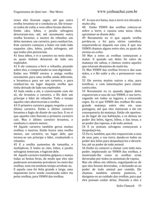 Fraguimentos de Qum’ram – Mar Morto
vezes eles ficavam cegos; até que outra
ovelha levantou-se e conduziu-as. Ele trouxeos todos de volta; e seus olhos foram abertos.
Então cães, lobos, e javalis selvagens
devoraram-nos, até, até novamente outra
ovelha levantar, o mestre do rebanho; um
deles mesmos, um carneiro, para conduzi-los.
Este carneiro começou a bater em todo lado
naqueles cães, lobos, javalis selvagens, até
que todos eles pereceram.
41 Seus olhos, e vi o carneiro no meio deles,
os quais tinham deixaram de lado seu
explendor.
41 E ele começou a ferir o rebanho, pisando
sobre eles, e comportando-se sem dignidade.
Então seu YHWH enviou a antiga ovelha
novamente para uma ovelha ainda diferente,
e levantou-a para ser um carneiro, e para
conduzi-las no lugar daquela ovelha que
tinha deixado de lado seu explendor.
42 Indo então a ele, e conversando com ele
só, ele levantou o carneiro, e fêz dele um
príncipe e líder do rebanho. Todo o tempo
aqueles cães aborreceram a ovelha.
43 O primeiro carneiro pagou respeito a este
último carneiro. Então o último carneiro
levantou e fugiu de diante de sua face. E eu vi
que aqueles cães fizeram o primeiro carneiro
cair. Mas o último carneiro levantou, e
conduziu o caneiro menor.
44 Aquele carneiro também gerou muitas
ovelhas, e morreu. Então houve uma ovelha
menor, um carneiro, no lugar dele, que
tornou-se um príncipe e líder, conduzindo o
rebanho.
45 E a ovelha aumentou de tamanho, e
multiplicou. E todos os cães, lobos, e javalis
selvagens temeram, e fugiram dele.
46 Aquele carneiro também golpeou e matou
todas as bestas feras, de modo que eles não
pudessem novamente prevalecer no meio das
ovelhas, nem em nenhum tempo arrebate-as.
E aquela casa foi feita grande e larga; uma
imponente torre sendo construida sobre ela
pelas ovelhas, para YHWH das ovelhas.

WWW.yeshuachai.com.br
47 A casa era baixa, mas a torre era elevada e
muito alta.
48 Então YHWH das ovelhas colocou-se
sobre a torre, e causou uma mesa cheia
aproximar-se diante dele.
49 Novamente eu vi que aquela ovelha
perdeu-se, e foi para vários caminhos,
esquecendo-se daquela sua casa; E que seu
YHWH chamou alguns entre eles, os quais ele
enviou-as a eles.
50 Mas a estes as ovelhas começaram a
matar. E quando um deles foi salvo da
matança ele saltou, e clamou contra aqueles
que estavam desejozos de matá-los.
51 Mas YHWH das ovelhas livrou-o das suas
mãos, e o fêz subir a ele, e permanecer com
ele.
52 Ele enviou muitos outros a elas, para
testificar, e com lamentações para clamar
contra eles.
53 Novamente eu vi, quando alguns deles
esqueceram a casa do seu YHWH, e sua torre,
vagando em todos os lugares, e crescendo
cegos. Eu vi que YHWH das ovelhas fêz uma
grande matança entre eles em suas
pastagens, até que eles clamaram a ele em
consequencia da matança. Então ele apartouas do lugar de sua habitação, e os deixou no
poder dos leões, tigres, lobos, e das ienas, e
ao poder das raposas, e de todo animal.
54 E os animais selvagens começaram a
despedaçá-los.
55 Eu vi, também, que eles esqueceram a casa
de seus pais, e sua torre, dando-os todos ao
poder dos leões para despedaçá-los e devorálos; até ao poder de todo animal.
56 Então eu comecei a clamar com todo meu
poder, implorando ao YHWH das ovelhas, e
mostrando-lhe como as ovelhas eram
devoradas por todos os animmais de rapina.
Mas ele olhou em silêncio, regozijando-se de
que elas fossem devoradas, e deixando-as ao
poder de todo aminal por comida. Ele
chamou também setenta pastores, e
designou-os ao cuidado das ovelhas, para que
eles possam cuidar delas; Dizendo a eles e
Sefer Chanoch

55

 