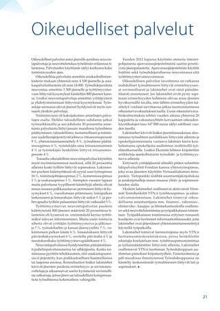 Oikeudelliset palvelut antoi jäsenille juridisia neuvon-
tapalveluja ja neuvottelutukea työelämän erilaisissa ti-
lanteissa. Palveluiden käyttöaste säilyi korkeana koko
toimintavuoden ajan.
Oikeudellisia palveluita annettiin asiakashallintare-
kisterin mukaan yhteensä noin 4 100 jäsenelle ja asia-
kaspalvelutilanteita oli noin 14 000. Työsuhdejuridista
neuvontaa annettiin 3 300 jäsenelle ja työttömyystur-
vaan liittyvää kysymyksiä käsiteltiin 800 jäsenen kans-
sa. Lisäksi neuvontapalveluja annettiin yrittäjyyteen
ja yhdistystoimintaan liittyvissä kysymyksissä. Työn-
antaja-asemassa olevat jäsenet hyödynsivät myös run-
saasti yksikön palveluja.
Toimintavuosi oli kaksijakoinen annettujen palve-
lujen osalta. Heikko taloudellinen suhdanne jatkui
työmarkkinoilla ja sen johdosta 30 prosenttia anne-
tuista palveluista liittyi jossain muodossa työsuhteen
päättymiseen; taloudellinen, tuotannollinen ja toimin-
nan uudelleenjärjestelystä johtuva irtisanomisperuste
9 %, yhteistoimintamenettely 8 %, työsuhteen päättä-
missopimus 6 %, työntekijän oma irtisanoutuminen
4 % ja työntekijän henkilöön liittyvä irtisanomis­
peruste 4 %.
Toisaalta oikeudellista neuvontapalvelua käytettiin
myös myönteisemmissä merkissä, sillä 20 prosenttia
aiheista koski työhön liittyviä sopimuksia. Lakimies-
ten puoleen käännyttäessä oli syynä uusi työsopimus
16 %, toimitusjohtajasopimus 2 %, komennussopimus
1 % ja osakassopimus 1 %. Aiempien vuosien tapaan
muita palvelussa tyypillisesti käsiteltyjä aiheita olivat
muun muassa palkkasaatavan perimiseen liittyvät ky-
symykset 6 %, vuosilomaan pitämiseen, lomapalkan
laskemiseen ja lomarahaan liittyvät seikat 5 % ja per-
hevapaalta työhön palaamisen liittyvät vaikeudet 5 %.
Työttömyysturvan neuvontapalvelun puoleen
kääntyneistä 800 jäsenen määrästä 20 prosentissa ti-
lanteista oli kyseessä ns. ensimmäistä kertaa työttö-
mäksi tulevan informoiminen. Muita usein toistuvia
aiheita olivat yrittäjän työttömyysturva ja jälkisuo-
ja 7 %, työssäoloehto ja kassan jäsenyysehto 7 %, va-
kiintuneen palkan käsite 6 %, lomautukseen liittyvät
päivärahakysymykset 6 %, soviteltu päiväraha 4 % ja
muutoksenhaku työttömyysturvapäätökseen 4 %.
Neuvontapalveluissa hyödynnettiin pääsääntöises-
ti puhelinpalvelunumeroa tai sähköpostia. Koska toi-
minnassa pyrittiin tehokkuuteen, niin asiakastapaami-
sia ei järjestetty, kun poikkeuksellisen haasteellisissa
tai laajoissa asioissa. Konsultaation lisäksi lakimiehet
kävivät jäsenten puolesta erimielisyys- ja sovintoneu-
votteluja ja aikaansaivat useita kymmeniä sovinnolli-
sia ratkaisuja, joissa jäsen sai taloudellista kompensaa-
tiota työsuhteessa kokemalleen vahingolle.
Vuoden 2012 lopussa käyttöön otetusta intenet-
pohjaisesta ajanvarausjärjestelmästä saatiin positii-
vista jäsenpalautetta. Ajanvarausjärjestelmän käyttöä
lisättiin sekä työsuhdejuridisessa neuvonnassa että
työttömyysturvaneuvonnassa.
Oikeudellisen palvelun tavoitteena on ratkaista
mahdolliset työsuhteeseen liittyvät erimielisyysasi-
at sovinnollisesti ja lakimiehet ovat siinä pääsään-
töisesti onnistuneet. Jos lakimiehet eivät pysty sopi-
maan erimielisyyden kohteena olevaa asiaa jäsenen
hyväksymällä tavalla, niin tällöin erimielisyyden kä-
sittelyä voidaan tarvittaessa jatkaa tuomioistuimessa
oikeusturvavakuutuksen tuella. Uusia oikeusturvava-
hinkoilmoituksia tehtiin vuoden aikana yhteensä 20
kappaletta ja vakuutusyhtiön korvaamien oikeuden-
käyntikulujen taso 147 000 euroa säilyi edellisen vuo-
den tasolla.
Lakimiehet kävivät lisäksi jäsentilaisuuksissa alus-
tamassa työsuhteen juridiikkaan liittyvistä aiheista ja
opiskelijatoiminnasta vastaava lakimies kiersi kou-
luttamassa opiskelijoita uudistetun sisältöisillä työ-
elämäkursseilla. Lisäksi Ekonimi-lehteen kirjoitettiin
artikkeleja ajankohtaisista työsuhde- ja työttömyys-
turva-aiheista.
Erityisesti yrittäjäjäseniä silmällä pitäen solmittiin
lakipalveluyhtiö Fondian kanssa yhteistyösopimus,
joka avaa jäsenten käyttöön Virtuaalilakimies-tieto-
pankin. Tietopankki sisältää asiantuntijakirjoituksia
ja asiakirjamalleja muun muassa yhtiö- ja sopimusoi-
keuden alalta.
Yksikön lakimiehet osallistuivat aktiivisesti Ylem-
mät Toimihenkilöt YTN:n työehtosopimus- ja edun-
valvontatoimintaan. Lakimiehet toimivat oikeu-
dellisena asiantuntijana mm. finanssi-, rakennus-,
elintarvike-, kauppa- ja tilintarkastusaloilla osallistu-
en sekä neuvottelutoimintaa ja työpaikkatason toimin-
taan. Työpaikkatason toiminnassa erityisen runsaasti
kuulijoita ovat keränneet informaatiotilaisuudet, joita
lakimiehet ovat järjestäneet yhteistoimintamenettelyä
käyneillä työpaikoilla.
Lakimiehet toimivat luennoitsijoina myös YTN:n
luottamusmieskoulutuksissa, joissa henkilöstön
edustajia koulutetaan mm. työehtosopimustoimintaa
ja työlainsäädäntöön liittyvistä aiheista. Lakimiehet
osallistuivat YTN:n tuottaman Työsuhdeoppaan uu-
distetun painoksen kirjoitustyöhön. Painotuotteena ja
pdf-muodossa ilmestyneessä Työsuhdeoppaassa on
käsitelty keskeisimmät työsuhteeseen liittyvät lait ja
sopimukset.
Oikeudelliset palvelut
21
 