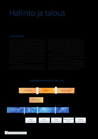 Hallinto ja talous
Liittoneuvosto Hallitus
Kunnan
neuvotteluryhmä
Yrittäjä­-
neuvottelukunta
Valtion
neuvotteluryhmä
Yksityisen sektorin
verkosto
Yliopiston
neuvotteluryhmä
Nimitystoimikunta
Sijoitustoiminnan
johtoryhmä
TOIMIKUNTAORGANISAATIO 2012–2013
Koulutuspoliittinen
toimikunta
Opiskelijapoliittinen
toimikunta
Palvelu-
toimikunta
Työelämän
toimikunta
JÄSENHALLINTA
Jäsenrekisterin vuosi 2013 sujui pääsääntöisesti va-
kiintuneessa toiminnassa jäsenmaksuperinnän ryt-
mittäessä toimintaa. Rekisterissä käsiteltiin jälleen yli
23 000 jäsenten yhteydenottoa. Yli kaksi kolmasosaa
yhteydenotoista koski jäsenmaksuja. Kaikkiaan jäsen-
rekisteriin tai jäsenrekisteristä oltiin yhteydessä lähes
kymmeneentuhanteen eri jäseneen vuoden aikana.
Yhteydenotot painottuvat alkuvuoteen jäsenmaksu-
jen postituksen vuoksi. Jäsenrekisterissä oli edellisten
vuosien tapaan määräaikainen jäsensihteeri ruuhka-
apuna tammi-maaliskuun ajan. Tällä varmistettiin se,
että jäsenten yhteydenottoihin pystyttiin vastaamaan
kohtuullisessa ajassa.
Suoraveloituksen päättyminen 31.1.2014 aiheutti
muutoksia jäsenmaksujen laskutukseen. Suoraveloi-
tuksessa olleille noin 4 000 jäsenelle lähetettiin henki-
lökohtainen kirje asiasta. Jäsenille kerrottiin, että suo-
raveloitus muutetaan yhteistyössä pankkien kanssa
joko e-laskuksi tai suoramaksuksi. Valtaosa suorave-
loituksista muuttui sähköiseksi e-laskuksi, suoramak-
suja tuli voimaan 234 kappaletta. E-laskujen kokonais-
määrä nousi muunnoksen seurauksena yli 7 000:een.
Saumatonta siirtymistä kylterijäsenestä ekonomijä-
seneksi on jo useamman vuoden ajan aktiivisesti edis-
tetty erilaisin toimenpitein. Vuonna 2013 joka kolmas
uusi ekonomijäsen liitettiin jäseneksi opiskeluaikana
ilmoitetun liittymishalukkuuden perusteella.
Jäsenyydestä kiinnostuneen on nykyisin mahdol-
lista ilmoittaa kiinnostuksestaan tekstiviestinä, jolloin
jäsenrekisteristä otetaan häneen yhteyttä. Vuoden
2013 aikana tekstiviestin perusteella kontaktoitiin 54
potentiaalista jäsentä. Heistä 48 liittyi jäseneksi.
S E F E N V U O S I K E R T O M U S 2 0 1 36
 