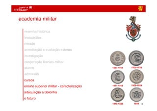 academia militar

  resenha histórica
  Instalações
  missão
  acreditação e avaliação externa
  investigação
  cooperação técnico-militar
  alunos                                     1837-1910   1920-1938


  admissão
  cursos
  ensino superior militar - caracterização   1911-1919   1938-1959


  adequação a Bolonha
  o futuro
                                             1919-1920     1959   3
 