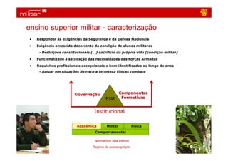 ensino superior militar - caracterização
•   Responder às exigências da Segurança e da Defesa Nacionais

•   Exigência acrescida decorrente da condição de alunos militares

     - Restrições constitucionais (…) sacrifício da própria vida (condição militar)

•   Funcionalizado à satisfação das necessidades das Forças Armadas

•   Requisitos profissionais excepcionais e bem identificados ao longo de anos
     - Actuar em situações de risco e incerteza típicas combate




                        Governação
                        Governaç                      Componentes
                                           ESM         Formativas


                                   Institucional

                          Académica         Militar           Física
                                    Comportamental

                                    Normativos vida interna
                                   Regime de acesso próprio
                                                                                      5
 