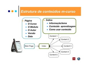 Estrutura de conteúdos m-curso

  Página       Índice
    O Curso       Informação/tema
    O Módulo      Conteúdo aprendizagem
    O Autor       Como usar conteúdo
    Versão
    Data
 