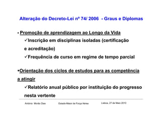 Alteração do Decreto-Lei nº 74/ 2006 - Graus e Diplomas


 Promoção de aprendizagem ao Longo da Vida
     Inscrição em disciplinas isoladas (certificação
   e acreditação)
     Frequência de curso em regime de tempo parcial

 Orientação dos ciclos de estudos para as competência
a atingir
     Relatório anual público por instituição do progresso
   nesta vertente
   António Morão Dias   Estado-Maior da Força Aérea   Lisboa, 27 de Maio 2010
 