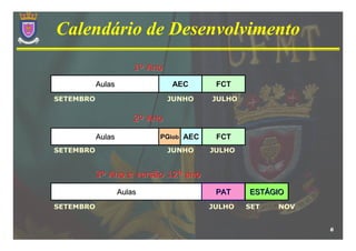 Calendário de Desenvolvimento
                       1º Ano
           Aulas                AEC      FCT
SETEMBRO                        JUNHO   JULHO

                       2º Ano

           Aulas            PGlob AEC    FCT
SETEMBRO                        JUNHO   JULHO


           3º Ano e versão 12º ano

                   Aulas                 PAT    ESTÁGIO
SETEMBRO                                JULHO   SET   NOV


                                                            6
 