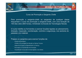 MODELO DE FORMAÇÃO


                           Curso de Promoção a Sargento Chefe

Para promoção a sargento-chefe os sargentos de qualquer classe
frequentam o curso de promoção a sargento-chefe, com uma duração de
100 dias úteis (600 horas), ministrado na Escola de Tecnologias Navais.

O curso habilita os formandos a exercer funções ligadas ao planeamento,
direcção, inspecção, coordenação, controlo e segurança, nos sectores do
pessoal e do material.


Prepara os sargentos para exercer funções de:
    Chefe de Secretaria;
    Chefe ou Encarregado de Secção ou Serviço Técnico;
    Adjunto de Chefe de Departamento ou Serviço;
    Formador ou Coordenador de Formação;
    Coordenador de funções técnicas ligadas à sua classe.


                                                                                 DSF / 11
 