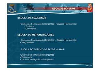 ESCOLAS DO SFPM


ESCOLA DE FUZILEIROS

 •Cursos de Formação de Sargentos – Classes Homónimas:
      Fuzileiros
      Condutores


ESCOLA DE MERGULHADORES

 •Cursos de Formação de Sargentos – Classes Homónimas:
  Mergulhadores


  ESCOLA DO SERVIÇO DE SAÚDE MILITAR

 •Cursos de Formação de Sargentos
  Enfermeiros
  Técnicos de diagnóstico e terapêutica


                                                         DSF / 7
 