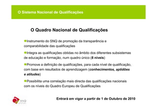 O Sistema Nacional de Qualificações



       O Quadro Nacional de Qualificações

     Instrumento do SNQ de promoção da transparência e
   comparabilidade das qualificações

    Integra as qualificações obtidas no âmbito dos diferentes subsistemas
   de educação e formação, num quadro único (8 níveis)

     Promove a definição de qualificações, para cada nível de qualificação,
   com base em resultados de aprendizagem (conhecimentos, aptidões
   e atitudes)

     Possibilita uma correlação mais directa das qualificações nacionais
   com os níveis do Quadro Europeu de Qualificações


                        Entrará em vigor a partir de 1 de Outubro de 2010
 