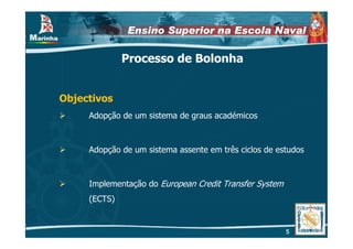Ensino Superior na Escola Naval

              Processo de Bolonha


Objectivos
     Adopção de um sistema de graus académicos



     Adopção de um sistema assente em três ciclos de estudos



     Implementação do European Credit Transfer System
     (ECTS)


                                                        5
 