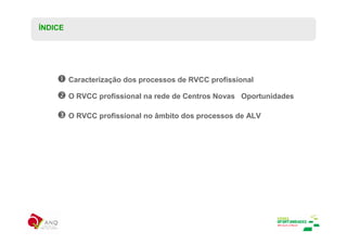 ÍNDICE




         Caracterização dos processos de RVCC profissional

         O RVCC profissional na rede de Centros Novas Oportunidades

         O RVCC profissional no âmbito dos processos de ALV
 