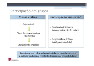 Participação em grupos
     Massa crítica                  Participação maior n.º

        Controlável
                                     • Motivação intrínseca
                                       (reconhecimento do valor)
   Plano de comunicação e
          marketing
                                     • Legitimidade / Ética
                                       (código de conduta)
    Crescimento orgânico


     Tensão entre a cultura das redes (aberta e colaborativa) e
     a cultura tradicional (controlo, hierarquia, previsibilidade)
 