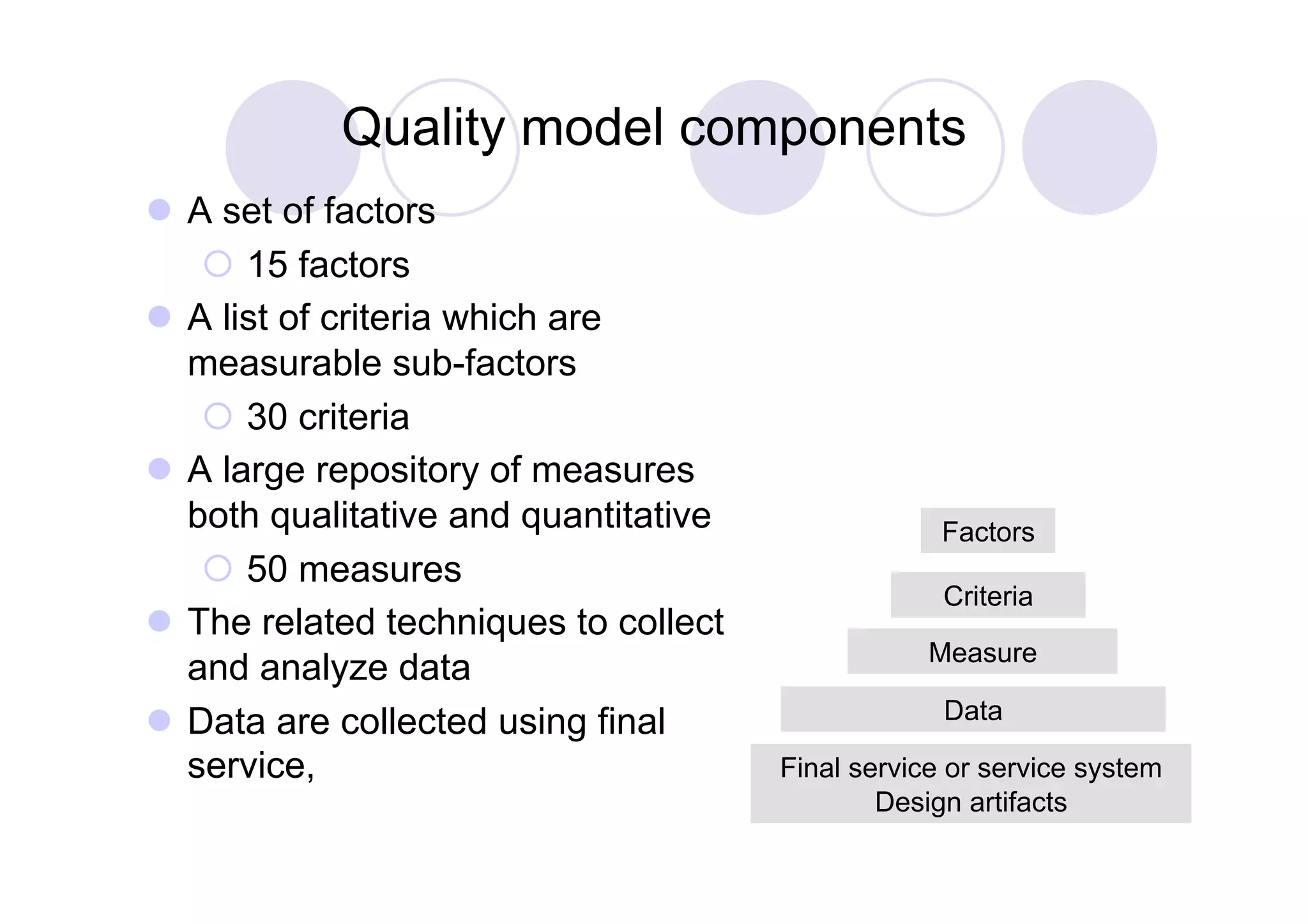 Quality model components
  A set of factors
      15 factors
  A list of criteria which are
   measurable sub-factors
      30 criteria
  A large repository of measures
   both qualitative and quantitative                Factors
      50 measures
                                                    Criteria
  The related techniques to collect
                                                   Measure
   and analyze data
  Data are collected using final                   Data

   service,                            Final service or service system
                                               Design artifacts
 