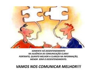 SOMENTE HÁ DESENTENDIMENTO
        NA AUSÊNCIA DE COMUNICAÇÃO CLARA!
 PORTANTO, QUANTO MELHOR A CLAREZA NA INFORMAÇÃO,
          MENOR SERÁ O DESENTENDIMENTO.


VAMOS NOS COMUNICAR MELHOR!!!
 