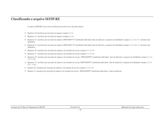 Leiaute de Folha de Pagamento SEFIP Versão 8.4 Manual de Especificações
- 13 -
Classificando o arquivo SEFIP.RE
O arquivo SEFIP.RE deve estar classificado de acordo com a descrição abaixo:
• Registros 10 classificar por inscrição da empresa (campos 2 e 3);
• Registros 12 classificar por inscrição da empresa (campos 2 e 3);
• Registros 13 classificar por inscrição da empresa; PIS/PASEP/ Nº Contribuinte Individual; data de admissão e categoria do trabalhador (campos 2, 3, 5, 6 e 7) , devendo estar
agrupados;
• Registros 14 classificar por inscrição da empresa, PIS/PASEP/ Nº Contribuinte Individual, data de admissão e categoria do trabalhador (campos 2, 3, 5, 6 e 7) , devendo estar
agrupados;
• Registros 20 classificar por inscrição de empresa e de tomador de serviço (campos 2, 3, 4 e 5);
• Registros 21 classificar por inscrição de empresa e de tomador de serviço (campos 2, 3, 4 e 5);
• Registros 30 classificar por inscrição de empresa e de tomador de serviço, PIS/PASEP/Nº Contribuinte Individual, data de admissão e categoria do trabalhador (campos 2, 3, 4;
5, 6, 7 e 8);
• Registros 32 classificar por inscrição de empresa e de tomador de serviço, PIS/PASEP/Nº Contribuinte Individual , data de admissão e categoria do trabalhador (campos 2, 3, 4;
5, 6 , 7 e 8) ;
• Registro 50 classificar por inscrição de empresa e de tomador de serviço (campos 2, 3, 4 e 5);
• Registro 51 classificar por inscrição de empresa e de tomador de serviço, PIS/PASEP/Nº Contribuinte Individual e data de admissão.
 