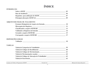 Leiaute de Folha de Pagamento SEFIP Versão 8.4 Manual de Especificações
- 2 -
ÍNDICE
INTRODUÇÃO
Sobre o SEFIP _____________________________________________________ 03
Base de Incidência __________________________________________________ 04
Requisitos para utilização do SEFIP___________________________________ 07
Principais alterações SEFIP 8.4 _______________________________________ 09
ARQUIVO DE FOLHA DE PAGAMENTO
Formato Obrigatório do Arquivo de Entrada____________________________ 10
Hierarquia dos Registros_____________________________________________ 11
Classificando o arquivo SEFIP.RE ____________________________________ 13
Validando os Registros de Entrada ____________________________________ 14
Gerando o arquivo SEFIP.RE ________________________________________ 15
Carregando o arquivo SEFIP.RE _____________________________________ 17
DISPOSIÇÕES GERAIS
Validação _________________________________________________________ 18
TABELAS
Tabela de Categorias de Trabalhador __________________________________ 59
Tabela de Códigos de Recolhimento ___________________________________ 60
Tabela de Códigos de Movimentação___________________________________ 61
Tabela de Movimentações casadas_____________________________________ 62
Tabela de Códigos de Alteração de Trabalhador _________________________ 63
Tabela de Ocorrências_______________________________________________ 63
 