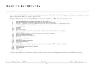Leiaute de Folha de Pagamento SEFIP Versão 8.4 Manual de Especificações
- 4 -
B A S E D E I N C I D Ê N C I A
A base de incidência do FGTS e da Previdência Social sofreu alterações, conforme texto da Lei 9711/98, de 20.11.1998, com vistas a facilitar a aplicação de remuneração única - tanto para
efeitos de cálculo da contribuição do FGTS quanto da Previdência Social .
Integram para fins de cálculos dos valores devidos à Previdência Social e a serem recolhidos para o FGTS, dentre outras, as seguintes parcelas:
I Abono ou gratificação de férias, excedente aos limites legais (art. 143 e 144 da CLT);
II Abonos de qualquer natureza, exceto aqueles cuja incidência seja expressamente excluída por lei;
III Adicionais de insalubridade, periculosidade, trabalho noturno, por tempo de serviço, por transferência de local de trabalho ou função;
IV Auxílio-doença (quinze primeiros dias de afastamento);
V Aviso prévio trabalhado;
VI Bonificações;
VII Comissões;
VIII Décimo terceiro salário;
IX Diárias para viagem, pelo seu valor total, quando excederem a cinqüenta por cento da remuneração mensal do empregado;
X Etapas (marítimos);
XI Férias normais gozadas na vigência do contrato de trabalho (inclusive um terço constitucional);
XII Gorjetas (espontâneas ou compulsórias);
XIII Gratificações ajustadas (expressas ou tácitas);
XIV Horas extras;
XV Prêmios contratuais ou habituais;
XVI Produtividade;
XVII Quebra de caixa (bancário e comerciário);
XVIII Repouso semanal remunerado;
XIX Representação;
XX Retiradas de diretores não empregados equiparados aos trabalhadores sujeitos a regime do FGTS (art. 16 da Lei nº 8.036/90);
XXI Salário in natura;
XXII Salário-família, que exceder ao valor legal obrigatório;
XXIII Salário-maternidade;
XXIV Salário;
XXV Saldo de salário.
A incidência da contribuição sobre a remuneração das férias ocorrerá no mês a que elas se referirem mesmo quando pagas antecipadamente, na forma da legislação trabalhista.
 