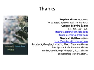 Thanks
                          Stephen Abram, MLS, FSLA
             VP strategic partnerships and markets
                            Cengage Learning (Gale)
                                  Cel: 416-669-4855
                     stephen.abram@cengage.com
                        Stephen.abram@gmail.com
                          Stephen’s Lighthouse Blog
                    http://stephenslighthouse.com
Facebook, Google+, LinkedIn, Plaxo : Stephen Abram
                  FourSquare, Path: Stephen Abram
        Twitter, Quora, Yelp, Pinterest, etc.: sabram
                        SlideShare: StephenAbram1
 