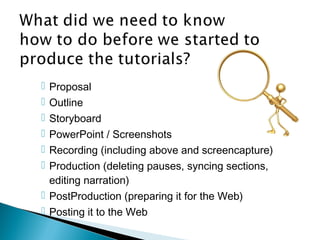  Proposal
 Outline
 Storyboard
 PowerPoint / Screenshots
 Recording (including above and screencapture)
 Production (deleting pauses, syncing sections,
editing narration)
 PostProduction (preparing it for the Web)
 Posting it to the Web
 