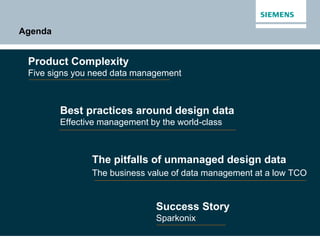 Unrestricted © Siemens AG 2015
Siemens PLM Software
Agenda
Product Complexity
Five signs you need data management
Best practices around design data
Effective management by the world-class
The pitfalls of unmanaged design data
The business value of data management at a low TCO
Success Story
Sparkonix
 
