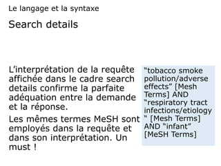 Search details
L’interprétation de la requête
affichée dans le cadre search
details confirme la parfaite
adéquation entre la demande
et la réponse.
Les mêmes termes MeSH sont
employés dans la requête et
dans son interprétation. Un
must !
“tobacco smoke
pollution/adverse
effects” [Mesh
Terms] AND
“respiratory tract
infections/etiology
“ [Mesh Terms]
AND “infant”
[MeSH Terms]
Le langage et la syntaxe
 