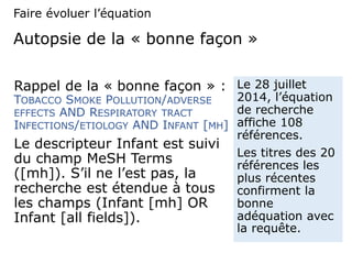 Autopsie de la « bonne façon »
Rappel de la « bonne façon » :
TOBACCO SMOKE POLLUTION/ADVERSE
EFFECTS AND RESPIRATORY TRACT
INFECTIONS/ETIOLOGY AND INFANT [MH]
Le descripteur Infant est suivi
du champ MeSH Terms
([mh]). S’il ne l’est pas, la
recherche est étendue à tous
les champs (Infant [mh] OR
Infant [all fields]).
Le 28 juillet
2014, l’équation
de recherche
affiche 108
références.
Les titres des 20
références les
plus récentes
confirment la
bonne
adéquation avec
la requête.
Faire évoluer l’équation
 