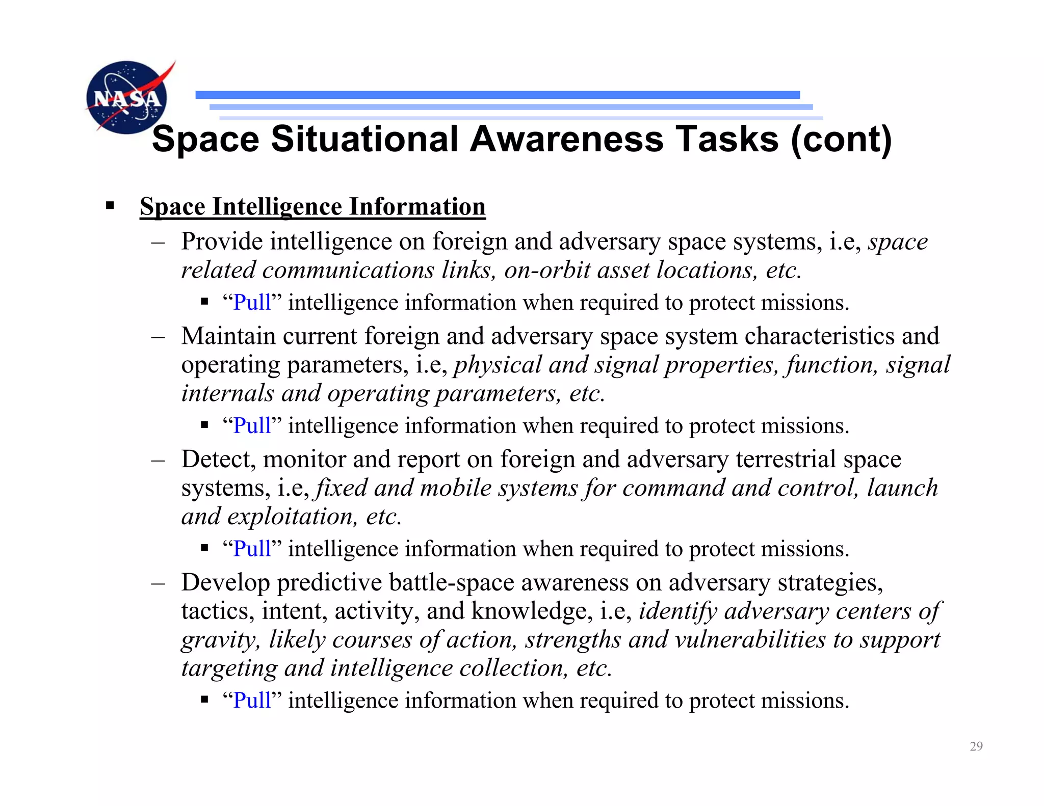 Space Situational Awareness Tasks (cont)
Space Intelligence Information
 – Provide intelligence on foreign and adversary space systems, i.e, space
   related communications links, on-orbit asset locations, etc.
        “Pull” intelligence information when required to protect missions.
 – Maintain current foreign and adversary space system characteristics and
   operating parameters, i.e, physical and signal properties, function, signal
   internals and operating parameters, etc.
        “Pull” intelligence information when required to protect missions.
 – Detect, monitor and report on foreign and adversary terrestrial space
   systems, i.e, fixed and mobile systems for command and control, launch
   and exploitation, etc.
        “Pull” intelligence information when required to protect missions.
 – Develop predictive battle-space awareness on adversary strategies,
   tactics, intent, activity, and knowledge, i.e, identify adversary centers of
   gravity, likely courses of action, strengths and vulnerabilities to support
   targeting and intelligence collection, etc.
        “Pull” intelligence information when required to protect missions.
                                                                                  29
 