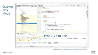 ~ 1200 ms / 10 KB*
* Paket besteht nur aus MANIFEST.MF (CP Info) und dev-mode-context.dat
Quarkus
DEV
Mode
 