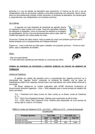 alimentos é o uso de estufas de laboratório para aquecê-los. O mesmo se dá com o uso de
refrigeradores onde se armazenam padrões e amostras juntamente com alimentos. Assim sendo,
deve ser terminantemente proibido manter alimentos no ambiente do laboratório, de maneira geral
e, especialmente, nos refrigeradores com produtos químicos.
Via Cutânea:
A segunda via mais freqüente de introdução de agentes tóxicos
no organismo é pelo contato com a pele. Tanto em operações rotineiras
de extrações ou titulações, como no manuseio de vidrarias ou montagem
de aparelhagens, temos o risco de derramamentos sobre a pele, além do
contato dos vapores com outras partes do corpo.
Ocorre por: Contato de mãos, braços, rosto ou partes do corpo com produtos químicos sem a
devida proteção com os Equipamentos de Proteção Individual.
Sugere-se: - Lavar muito bem as mãos após o trabalho com produtos químicos. - Tomar um bom
banho, após o expediente de trabalho.
Olhos:
- São uma porta aberta!
- A maior parte das substâncias são irritantes ou corrosivas aos olhos.
FORMAS DE CONTROLE DA EXPOSIÇÃO A AGENTES QUÍMICOS OU FÍSICOS NO AMBIENTE DE
TRABALHO
Limites de Tolerância
É definido em caráter não absoluto como a concentração dos “agentes químicos” ou a
intensidade dos “agentes físicos” presentes no ambiente de trabalho, sob as quais os
trabalhadores podem ficar expostos durante toda a sua vida laboral, sem sofrer efeitos adversos à
sua saúde.
No Brasil, adotam-se os Limites publicados pela ACGIH (American Conference of
Governmental Industrial Hygienists – Ohio – USA) adaptado para a nossa jornada de trabalho (48
horas semanais).
TLV – Threshold Limit Value (Limiar do Valor Limite) ou no Brasil: Limite de Tolerância
(L.T.).
TLV – TWA (Time Weighted Average). Definido para exposições de até 8 hs/dia.
TLV – STEL (Short Term Exposure Limit). Definido para exposições de curto período de
tempo (até no máximo 15 minutos)
TABELA: Limites de Tolerância (TLV) - A.C.G.I.H. – 2005 (ou L.E.O. – Limite de Exposição
Ocupacional)
 