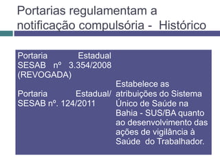 Portarias regulamentam a
notificação compulsória - Histórico
SESAB nº. 124/2011
Portaria Estadual
SESAB nº 3.354/2008
(REV...
